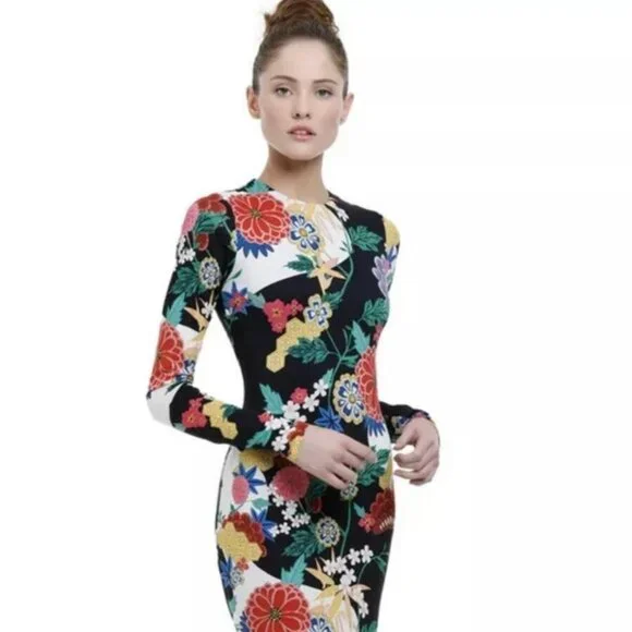 Alice + Olivia Delora Mock Neck Fitted Dress Valley Lake Floral Black.  SZ 8 - Picture 7 of 7